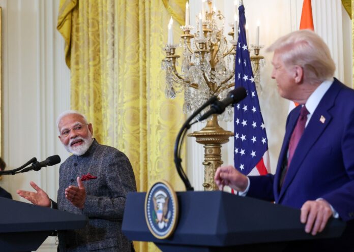 Indian Prime Minister Narendra Modi and US President Donald Trump giving joint statement during the former's Feb 2025 visit.