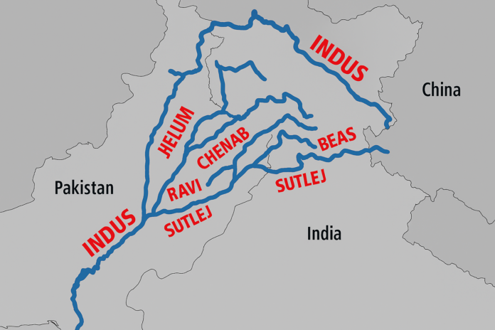 Map of the Indus River system showing rivers allocated to India and Pakistan under the Indus Waters Treaty, including the Indus, Jhelum, Chenab, Ravi, Beas, and Sutlej.