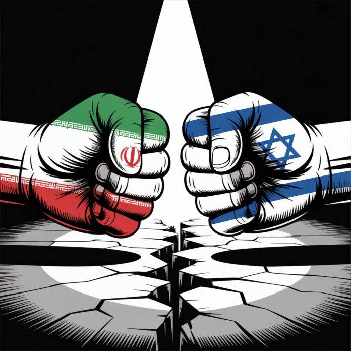 AI generated image Illustrating Iranian and Israeli-flag fists clashing over cracked ground, symbolising rising tension and conflict.
