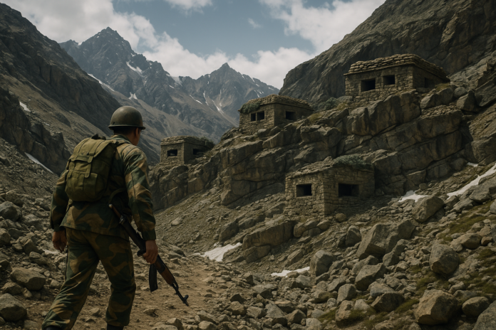 An AI generated image depicting an Indian Army soldier climbs a steep, rocky slope in the Batalik sector during the Kargil War, with snow-dusted bunkers and rugged Himalayan terrain in the background, symbolising the harsh conditions and bravery of Captain Manoj Pandey and his Gorkha troops during the assault on Khalubar.