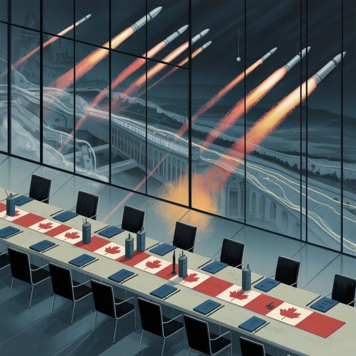 An AI generated image depicting the G7 Summit juxtaposed with the escalating Iran-Israel conflict. In the foreground, a long table laden with official documents and Canadian maple leaf decorations sits bathed in the cool light of a conference hall, symbolizing diplomacy and international collaboration. Overlaying this scene is a subtle, ethereal depiction of missile trails streaking across a night sky, with faint heat distortion subtly distorting the conference hall behind, representing the looming threat of regional instability.
