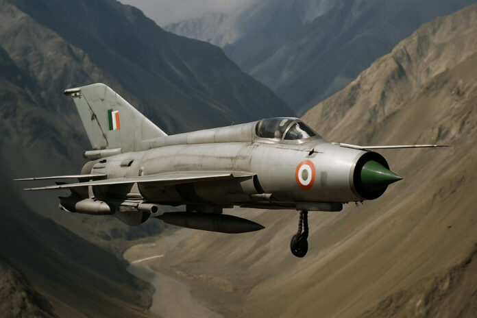 A MiG-21 fighter jet of the Indian Air Force soars low through a barren mountain valley, its grey fuselage marked with the Indian tricolour roundel and tail flag. The rugged, arid ridgelines of the Kargil region form a stark backdrop, with a winding river visible far below. The aircraft's landing gear is partially deployed, and its underwing pylons are loaded, capturing a moment of high-altitude manoeuvring during a combat patrol.