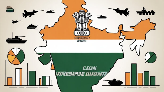 An AI generated image representing India's defence budget analysis. It shows a map of India in India's flag colours with icons of weaponry and some bar charts.