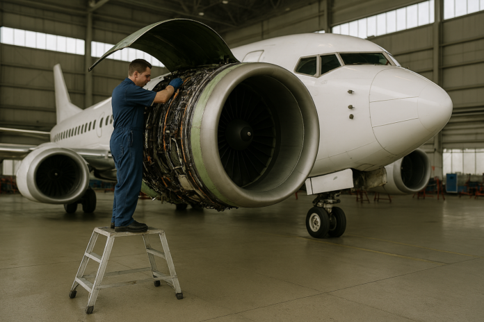 Aircraft undergoing maintenance, repair and overhaul inside an aviation hangar, with technicians inspecting a jet engine during scheduled MRO operations.